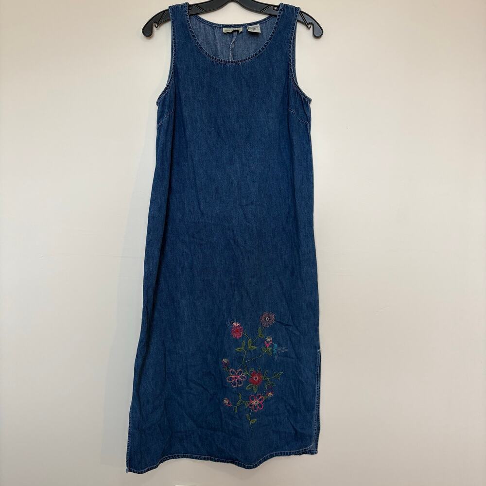 Vintage Studio Ease Denim Maxi Dress Floral Embroidered Size 14